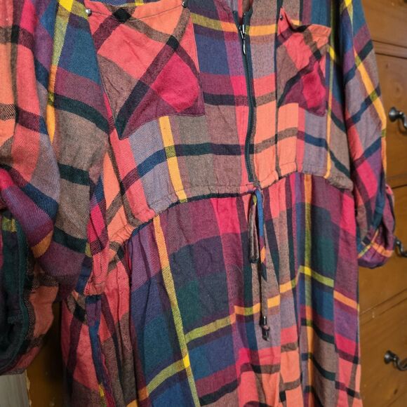 Torrid Plaid Dress Size 2 Orange Blue Zip Pockets Roll Sleeves Cinch Waist - Picture 7 of 9